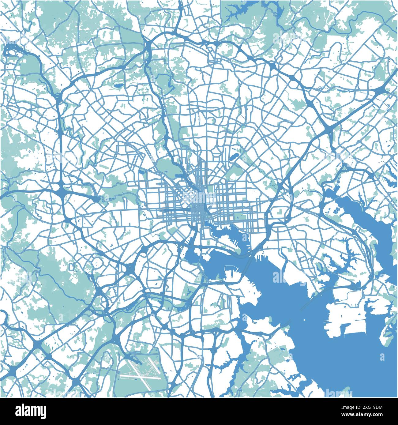 Carte de Baltimore dans le Maryland en bleu. Contient un vecteur en couches avec routes eau, parcs, etc Illustration de Vecteur