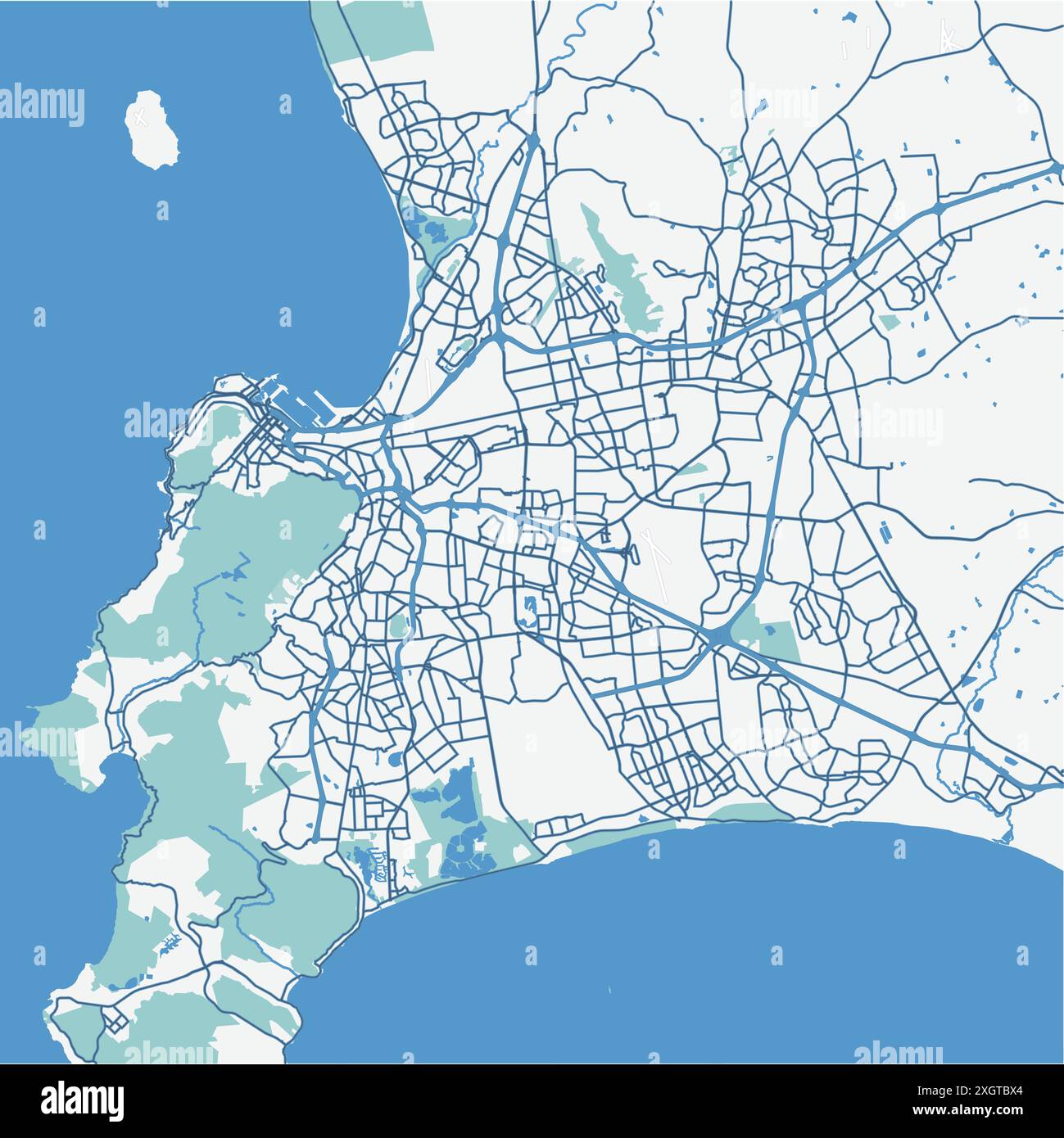 Carte du Cap en Afrique du Sud en bleu. Contient un vecteur en couches avec routes eau, parcs, etc Illustration de Vecteur