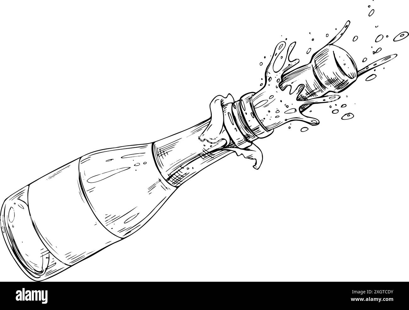 Une bouteille en verre avec champagne volant avec un bouchon, des éclaboussures et des bulles. Le dessin au trait est une illustration simple dessinée à la main à l'encre noire et blanche Illustration de Vecteur