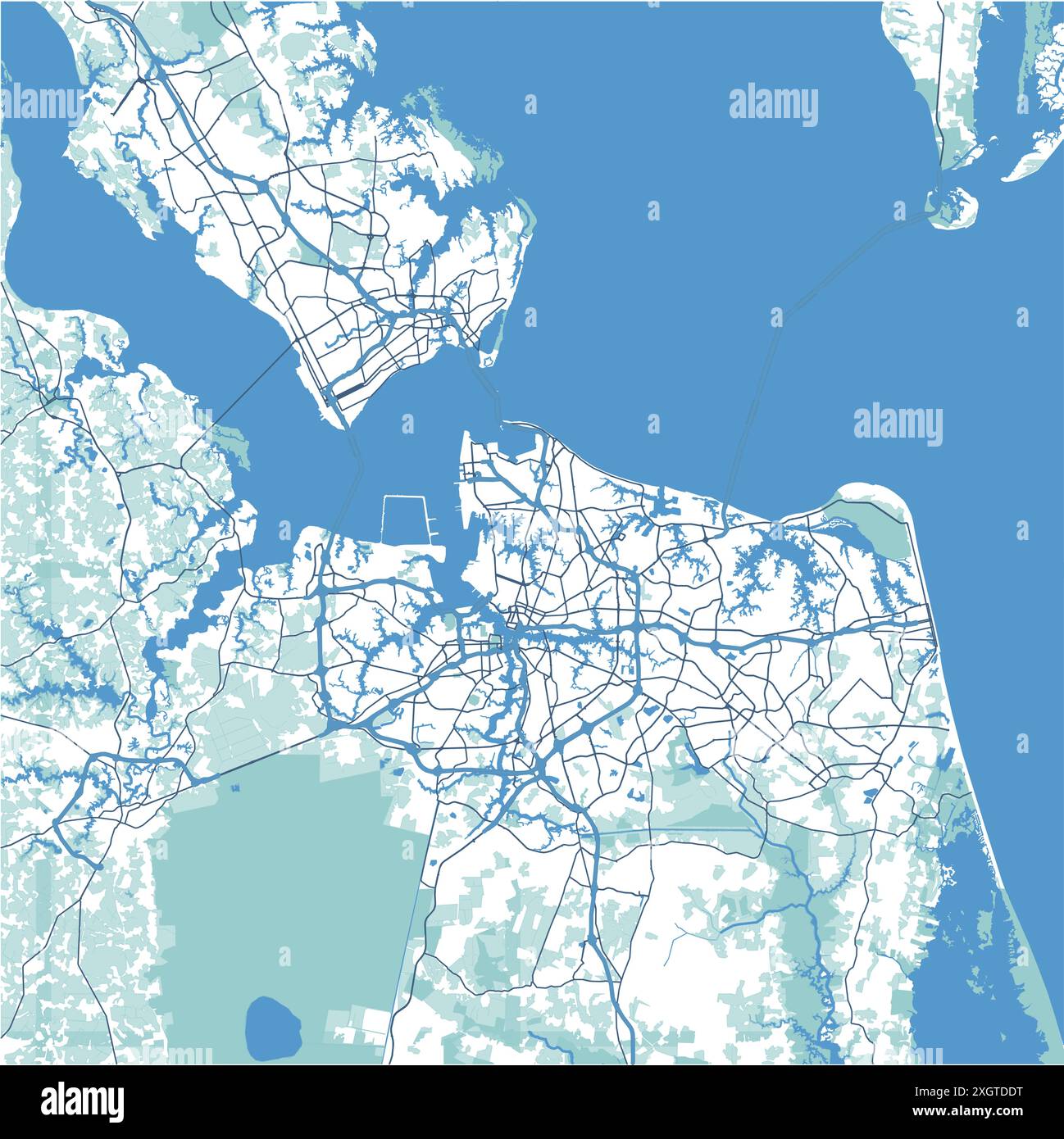 Carte de Virginia Beach en Virginie en bleu. Contient un vecteur en couches avec routes eau, parcs, etc Illustration de Vecteur