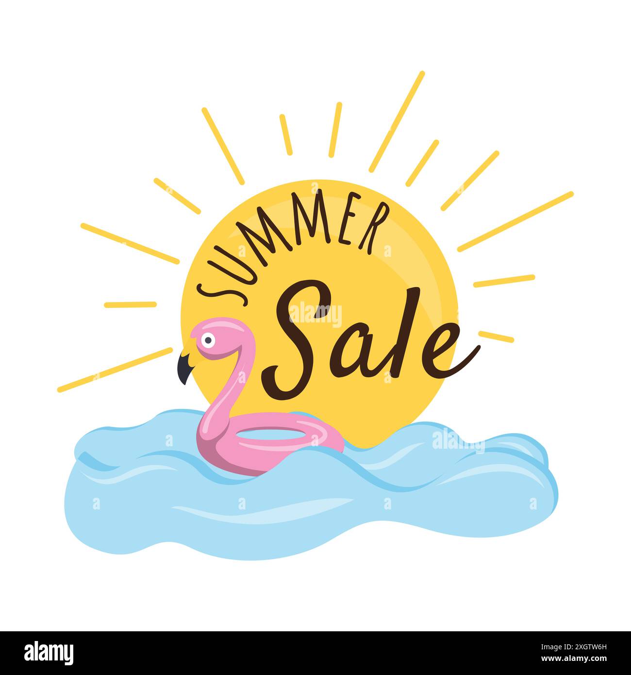 Soldes d'été. Illustration vectorielle simple des vacances d'été avec anneau gonflable de soleil, de mer et de flamant rose. Image pour autocollant Illustration de Vecteur