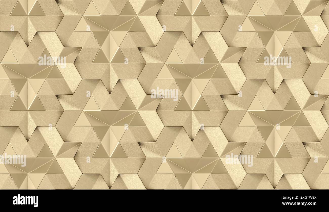 Cette illustration présente un motif géométrique sans couture composé d'étoiles dorées 3D imbriquées sur un fond beige subtil idéal pour wallpape Banque D'Images