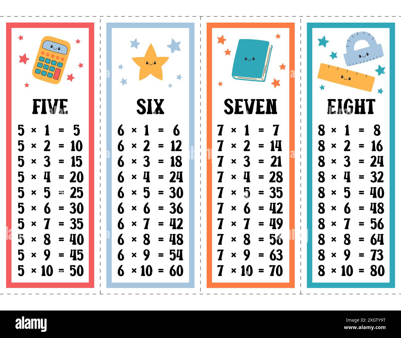 Jeu de vecteurs de tables Times. Table de multiplication imprimable de cinq, six, sept et huit. Modèle d'impression mathématique pour les élèves du primaire Illustration de Vecteur
