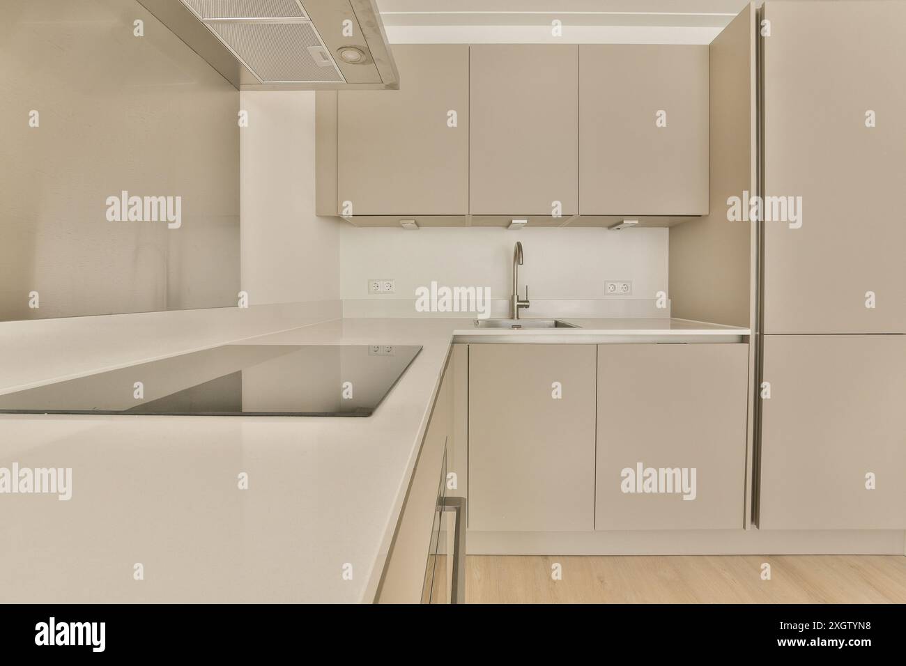 Intérieur de cuisine moderne élégant présentant des armoires et des comptoirs sans couture avec des tons beige neutres. Parfait exemple de design intérieur minimaliste. Banque D'Images
