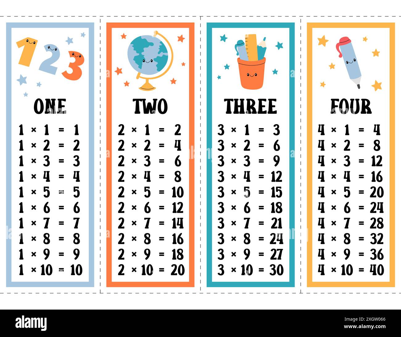 Jeu de vecteurs de tables Times. Table imprimable de multiplication de un, deux, trois et quatre. Modèle d'impression mathématique pour les élèves de l'école primaire dans Illustration de Vecteur