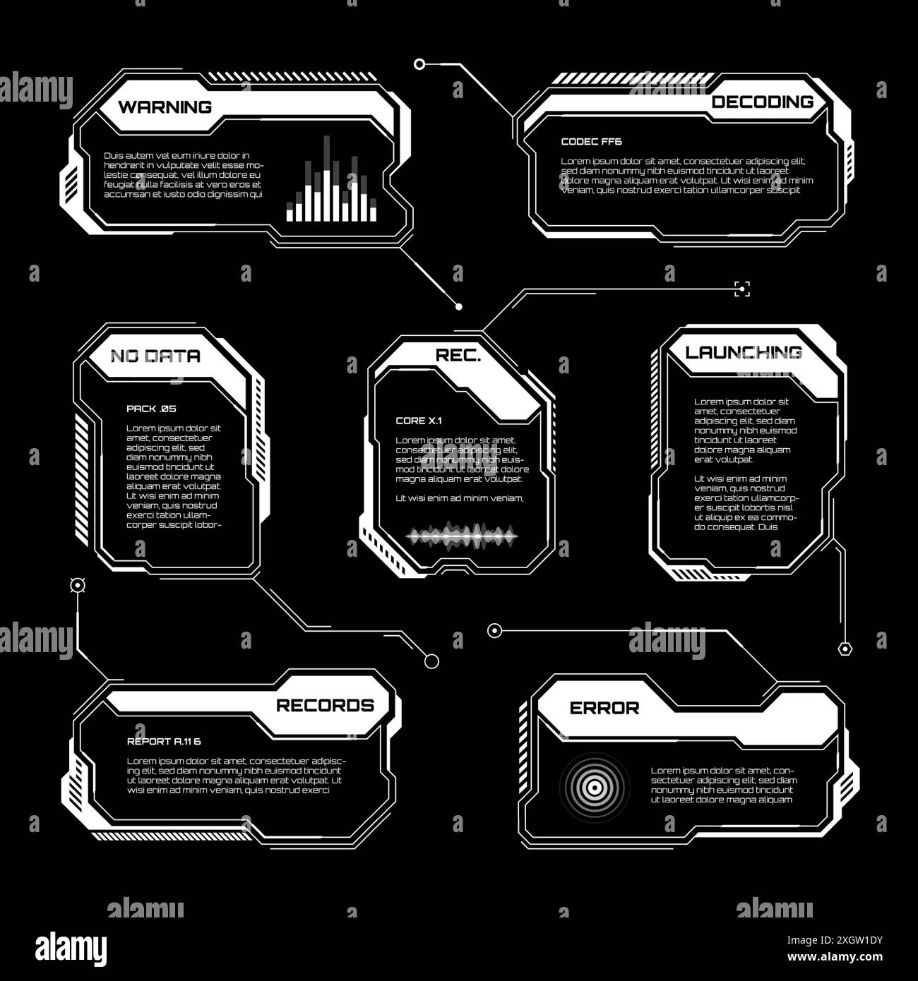 HUD futuriste blanc, éléments UI. Zones de texte et légendes de l'interface utilisateur SCI-fi. Cadres de message d'avertissement, modèle de boîtes d'information. Jeu moderne Illustration de Vecteur