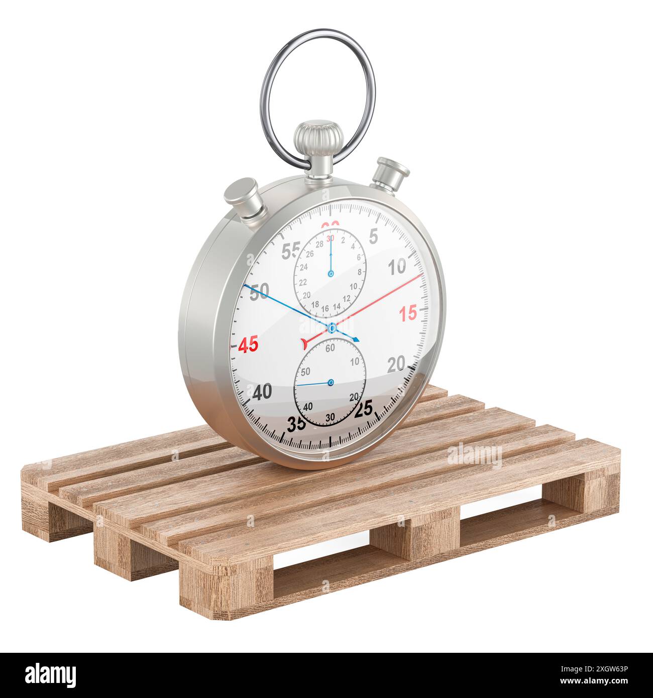 Chronomètre sur la palette en bois. Livraison rapide et concept d'expédition, rendu 3D isolé sur fond blanc Banque D'Images