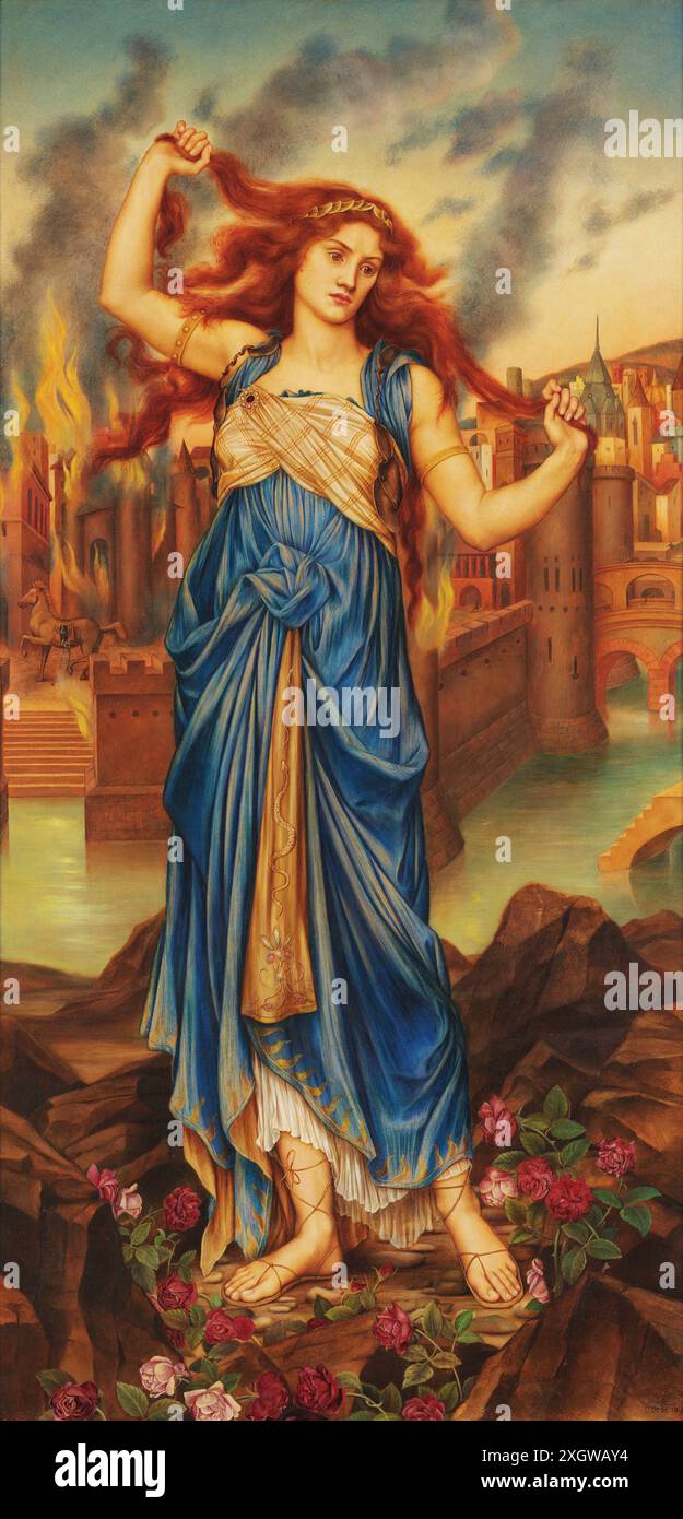Cassandra d'Evelyn de Morgan (1898, Londres) ; Cassandra en face de la ville brûlante de Troie, représentée avec des cheveux en échevets dénotant la folie qui lui est attribuée par les Trojans[1] Banque D'Images