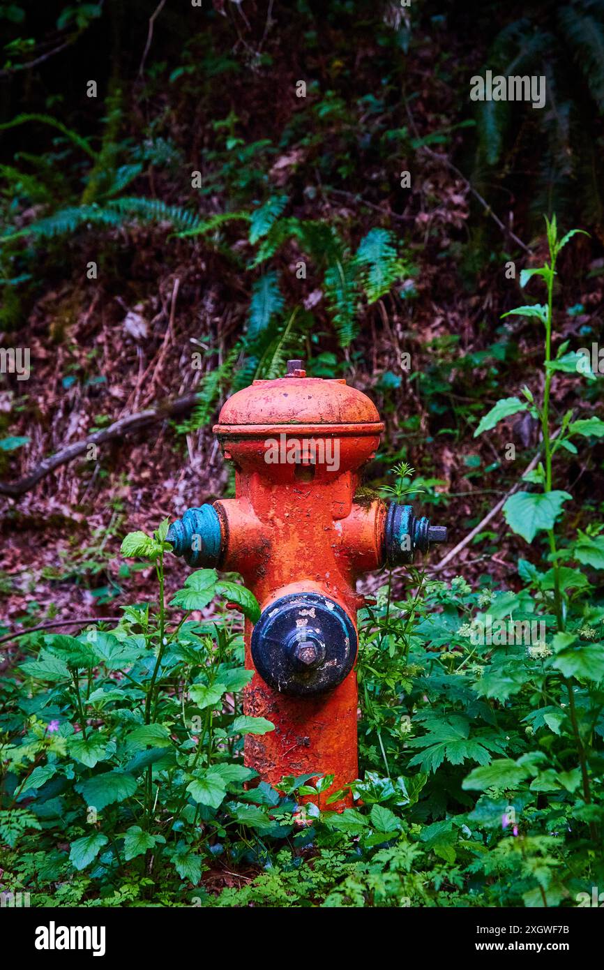 Bouche d'incendie orange rouillée dans un sous-bois vert luxuriant perspective à hauteur des yeux Banque D'Images