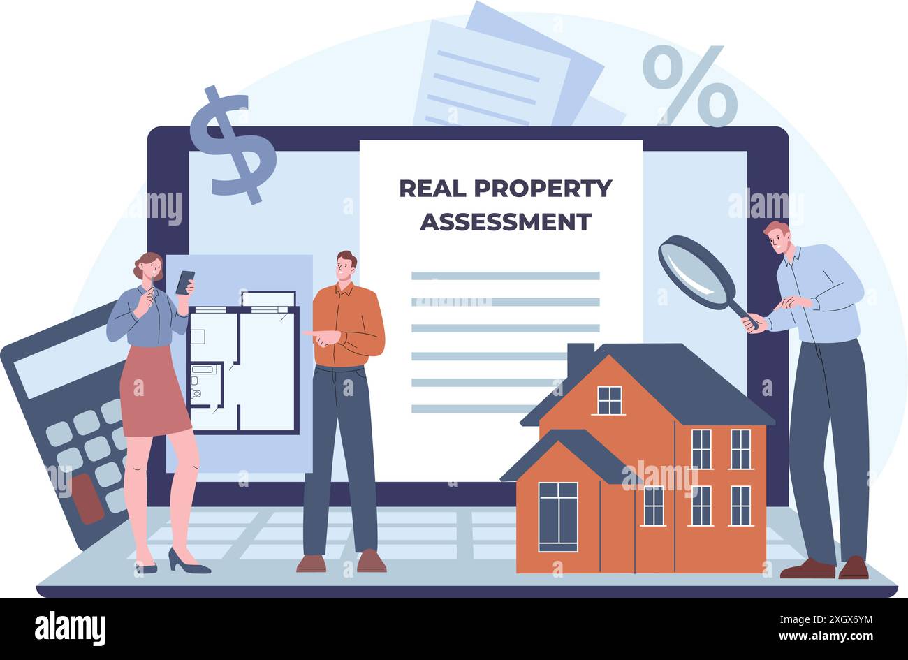 Évaluation foncière et estimations. Évaluateurs professionnels recherchant la valeur réelle de la maison ou de l'appartement. Agents immobiliers et service, scène de vecteur kicky Illustration de Vecteur