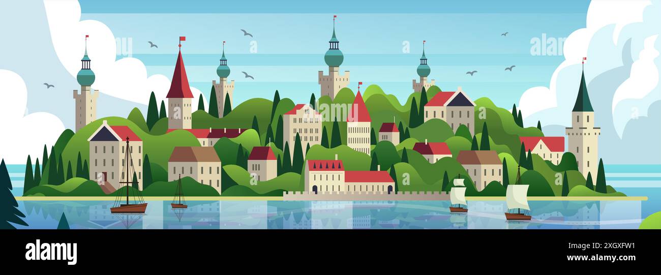 Paysage de ville de château avec des voiliers imposants châteaux et des bâtiments sur des collines verdoyantes au bord de l'eau avec des nuages de voiliers et des oiseaux dans le ciel Illustration de Vecteur