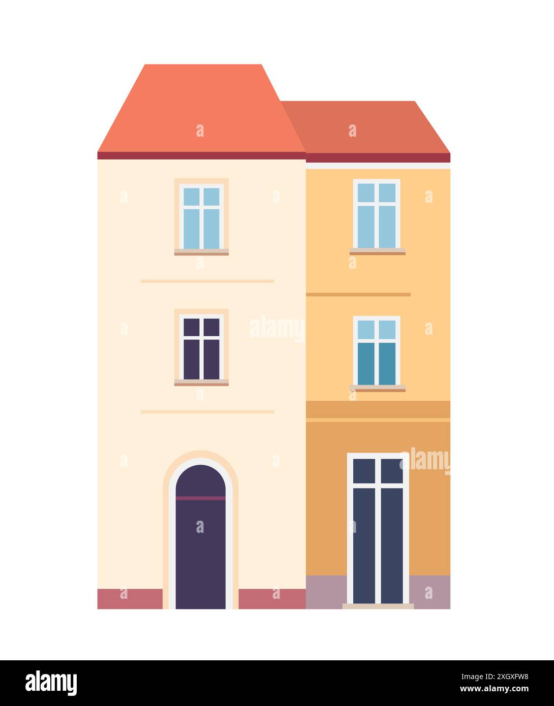 Les bâtiments européens colorés voyage concept deux bâtiments adjacents avec différentes façades et fenêtres sous les toits rouges simple fond minimaliste Illustration de Vecteur