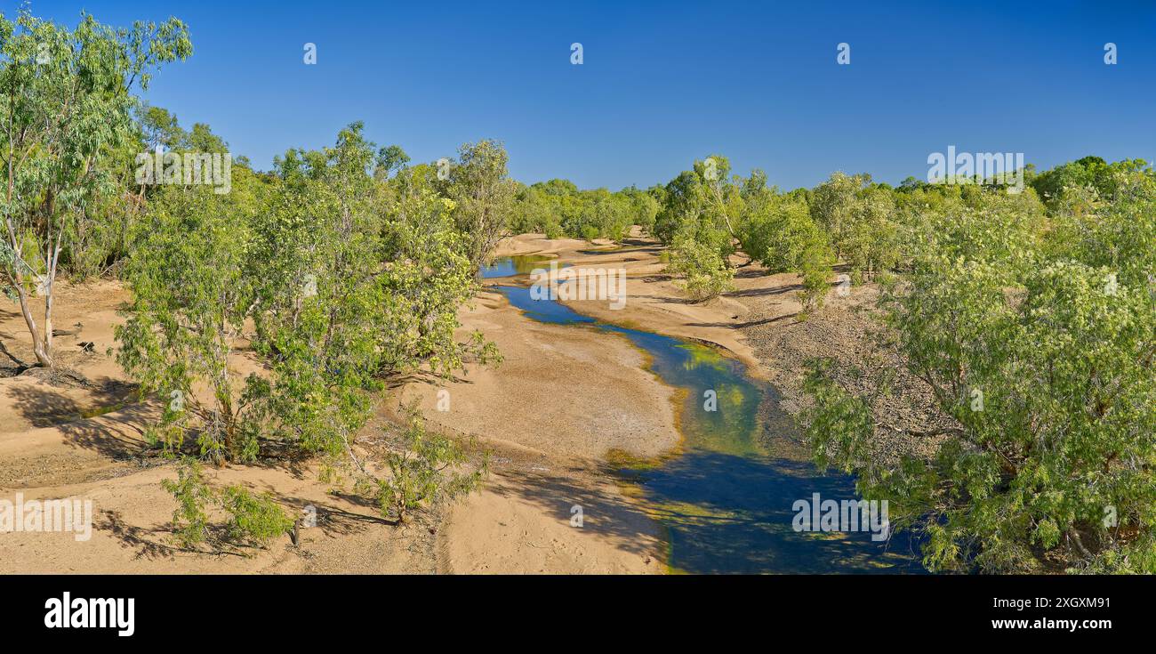 Rives sablonneuses de la rivière Einasleigh en saison sèche avec petit canal de rivière et arbres verts, Georgetown, Golfe de Carpentaria, Queensland, Australie Banque D'Images