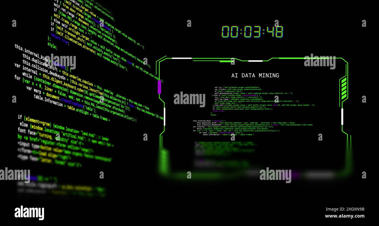 Image des données défilantes, de l'horloge de compte à rebours et de l'exploration de données ai d'interface, sur fond noir Banque D'Images
