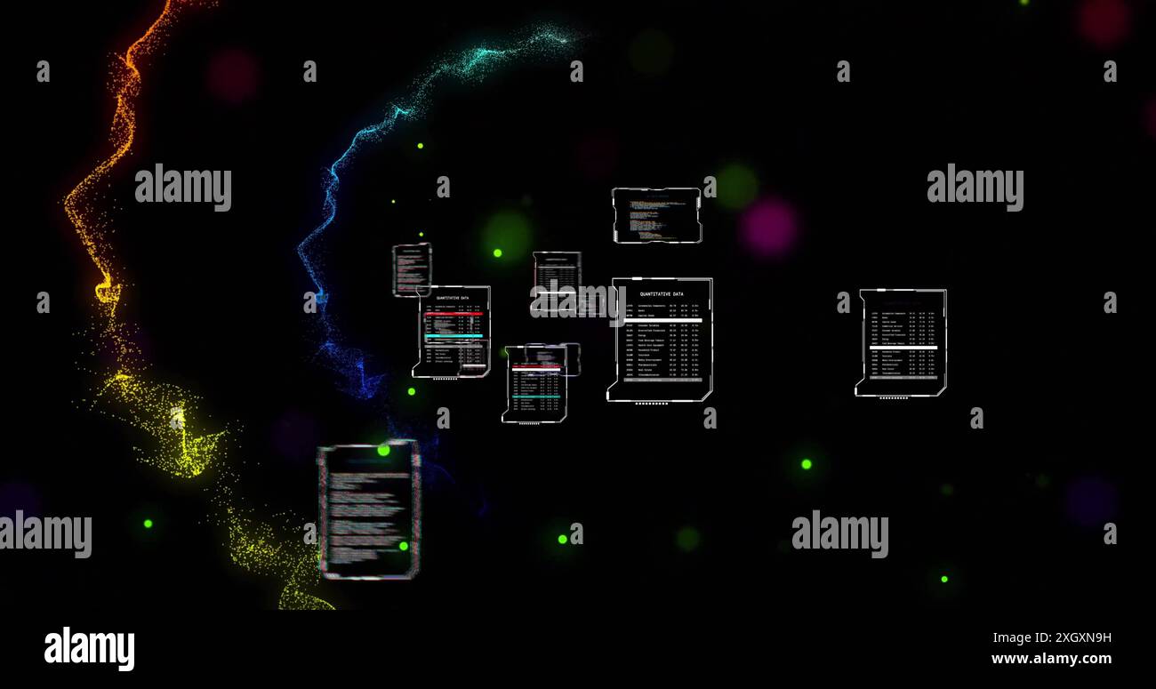 Image des interfaces traitant des données sur des traînées de lumière colorées et des taches lumineuses, sur noir Banque D'Images