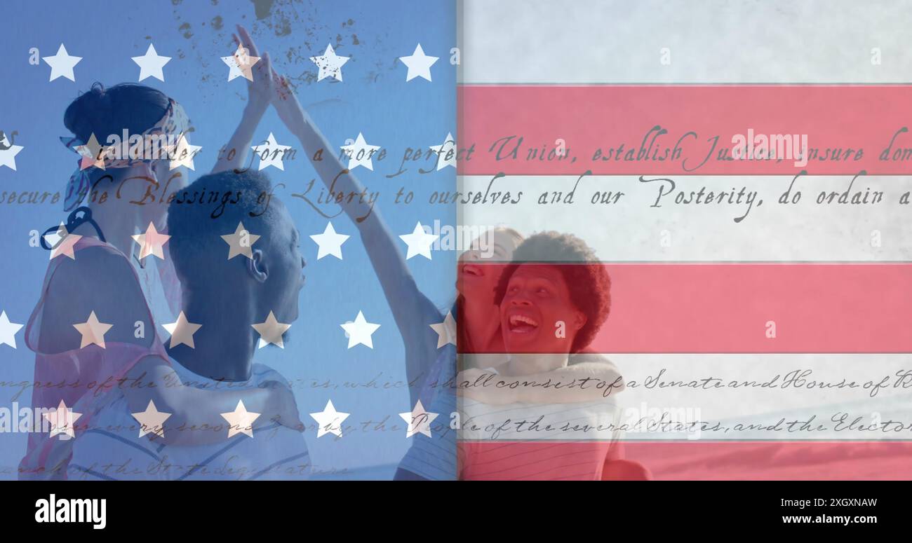 Image du drapeau des états-unis avec du texte sur divers amis haut-Five sur la plage Banque D'Images