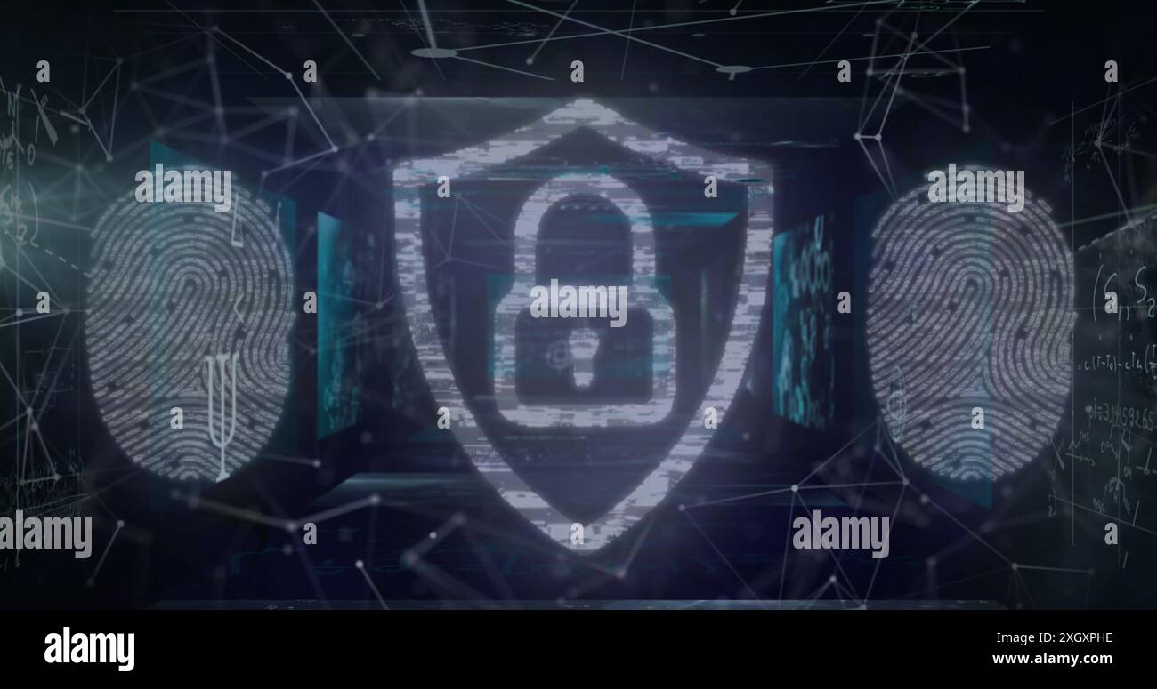 Image d'empreintes digitales et cadenas sur fond noir Banque D'Images