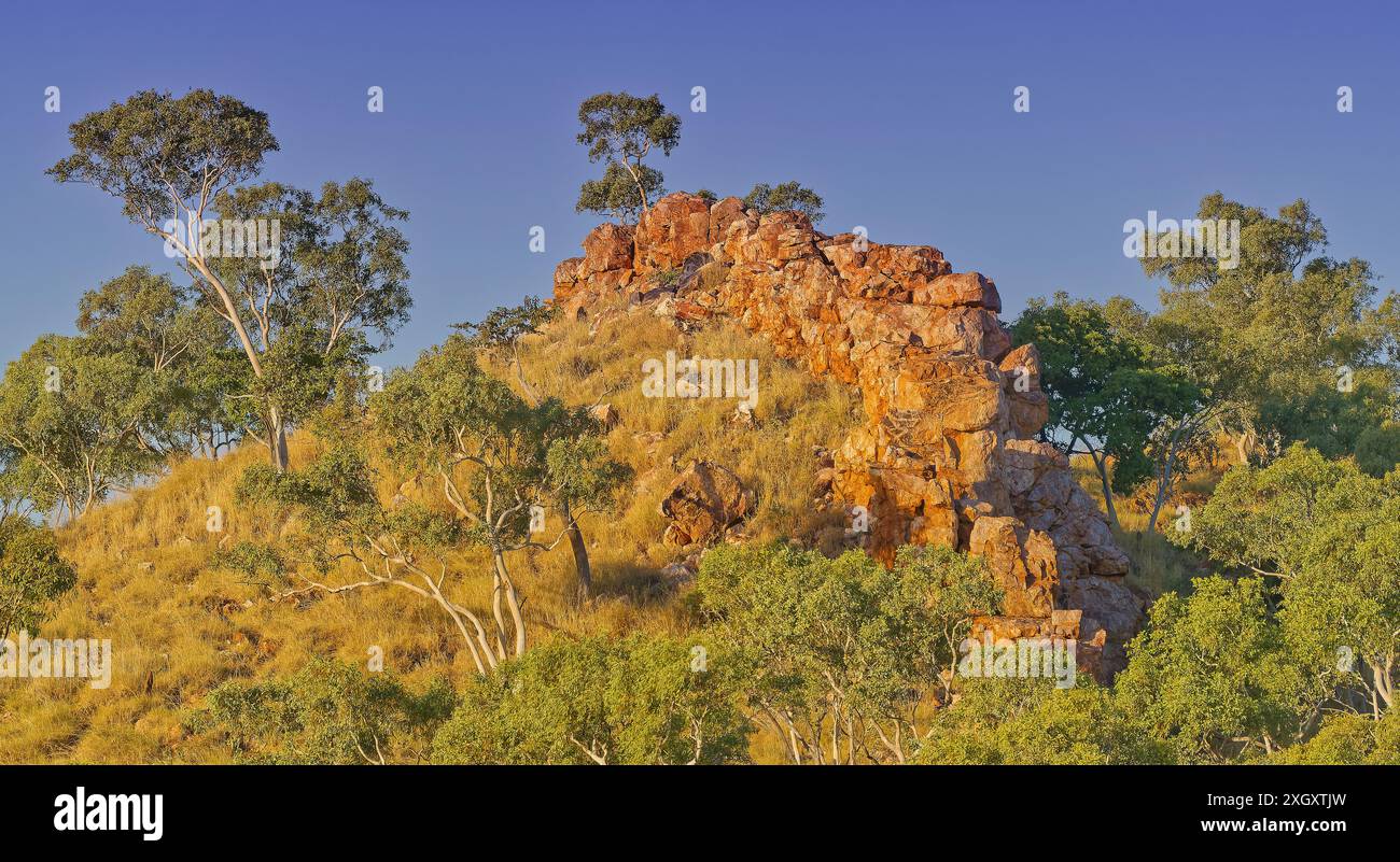 Lumière en fin d'après-midi sur un affleurement rocheux rouge dans un maquis de spinifex avec un ciel bleu d'eucalyptus au barrage de Chinaman's Creek, Cloncurry, Queensland, Australie Banque D'Images