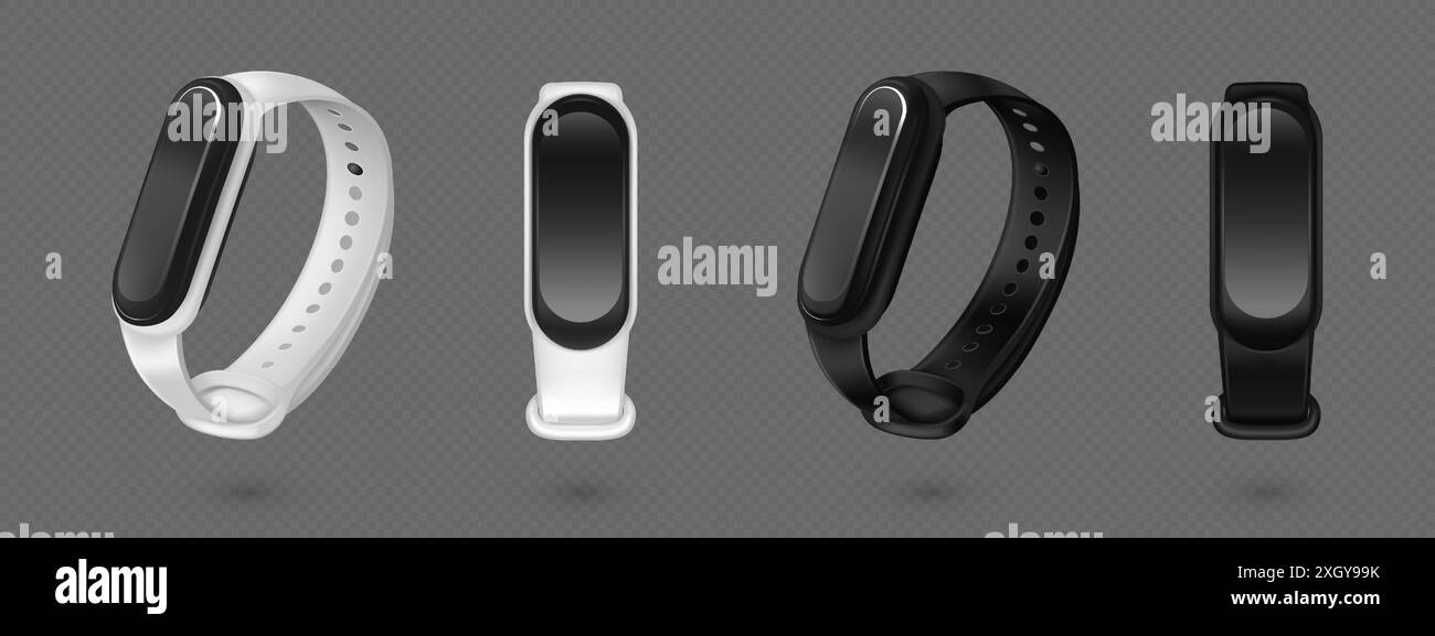 Bandes intelligentes 3D isolées sur fond transparent. Illustration réaliste vectorielle de smartwatch de poignet avec bracelet noir et blanc, maquette d'affichage noir vierge, gadget électronique, tracker de fitness Illustration de Vecteur