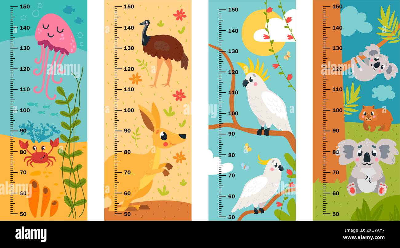 Règles de croissance des enfants. Scènes de la faune australienne, monde sous-marin et oiseaux. Kangourou méduse koala et perroquets. Vecteur chic d'animaux exotiques mignons Illustration de Vecteur