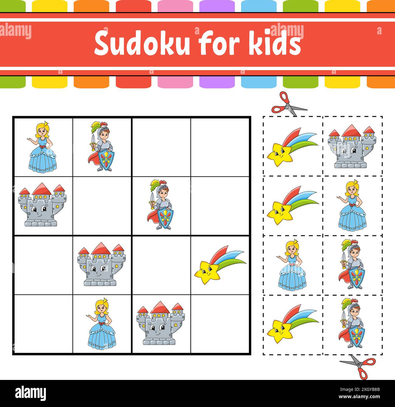 Sudoku pour enfants.Thème de conte de fées.Feuille de travail de développement de l'éducation.Page d'activité avec photos.Jeu de puzzle pour enfants.Illustration vectorielle isolée. Illustration de Vecteur