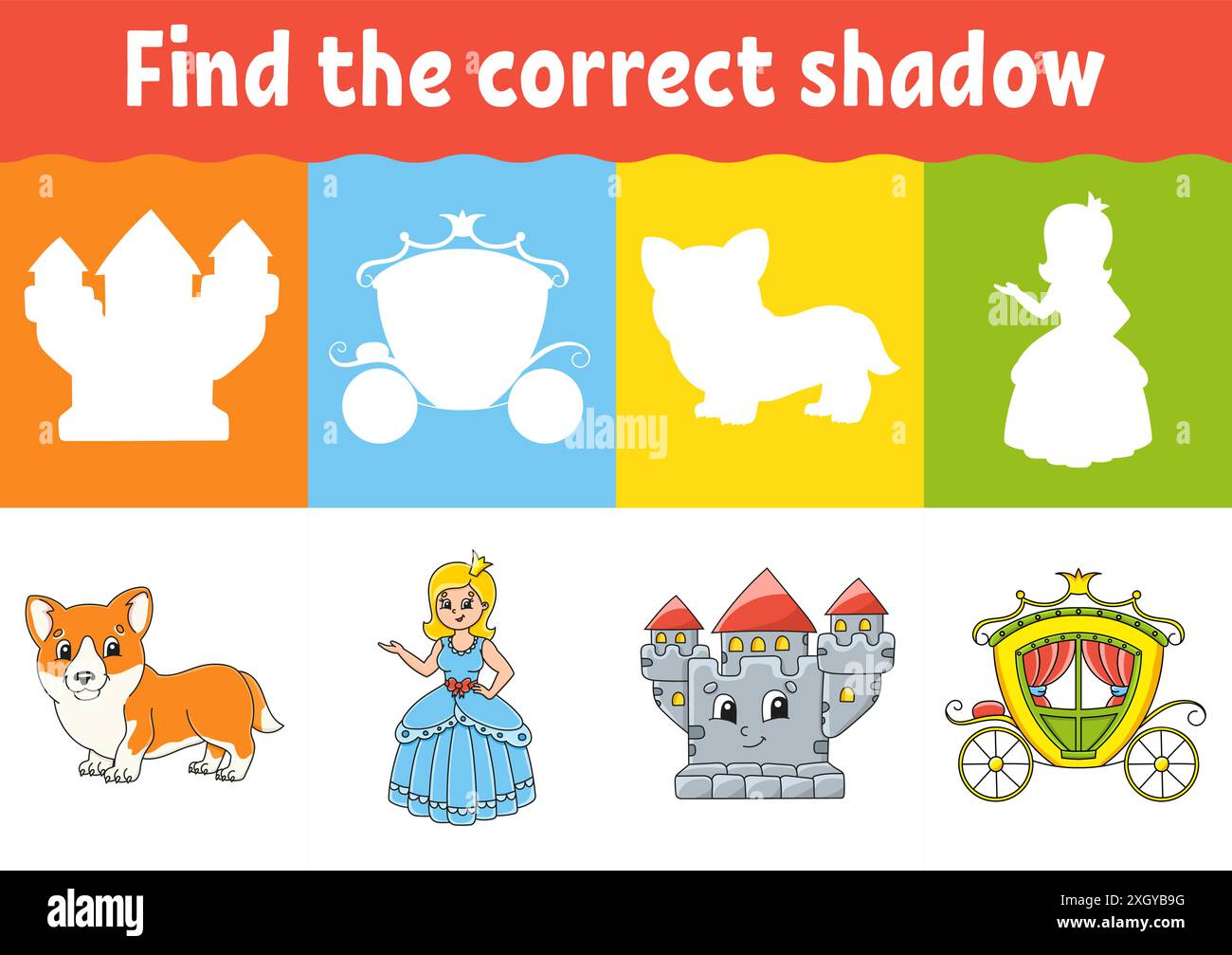 Trouvez l'ombre correcte.Feuille de travail sur la formation.Jeu assorti pour enfants.Thème de conte de fées.Page d'activité couleur.Puzzle pour les enfants.Personnage de dessin animé.Est Illustration de Vecteur