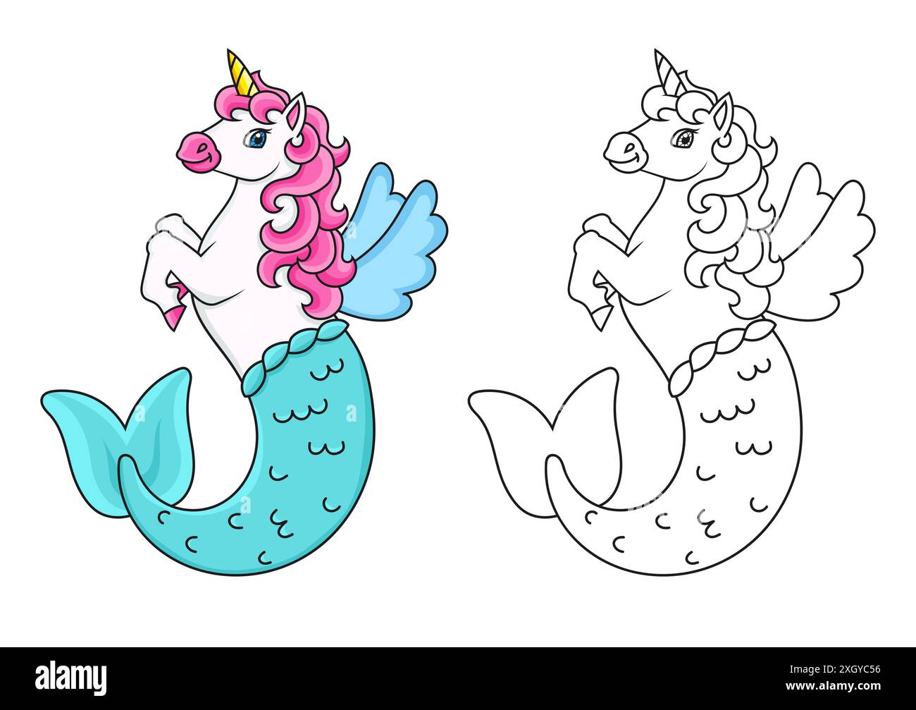 Licorne de sirène mignonne. Cheval de fée magique. Page de livre de coloriage pour les enfants. Style dessin animé. Illustration vectorielle isolée sur fond blanc. Illustration de Vecteur
