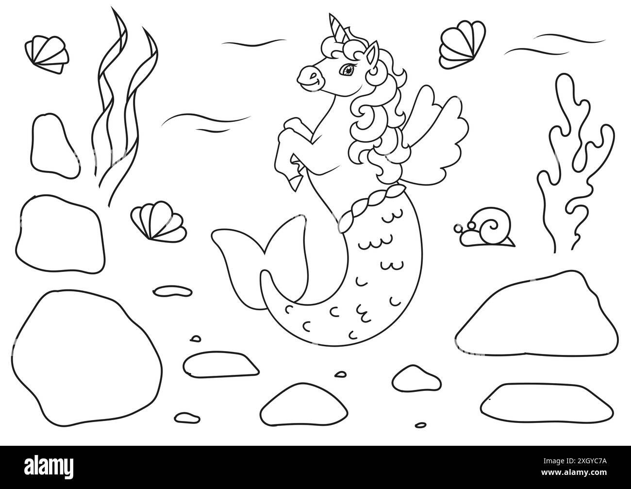 Licorne de sirène mignonne. Cheval de fée magique. Page de livre de coloriage pour les enfants. Style dessin animé. Illustration vectorielle isolée sur fond blanc. Illustration de Vecteur