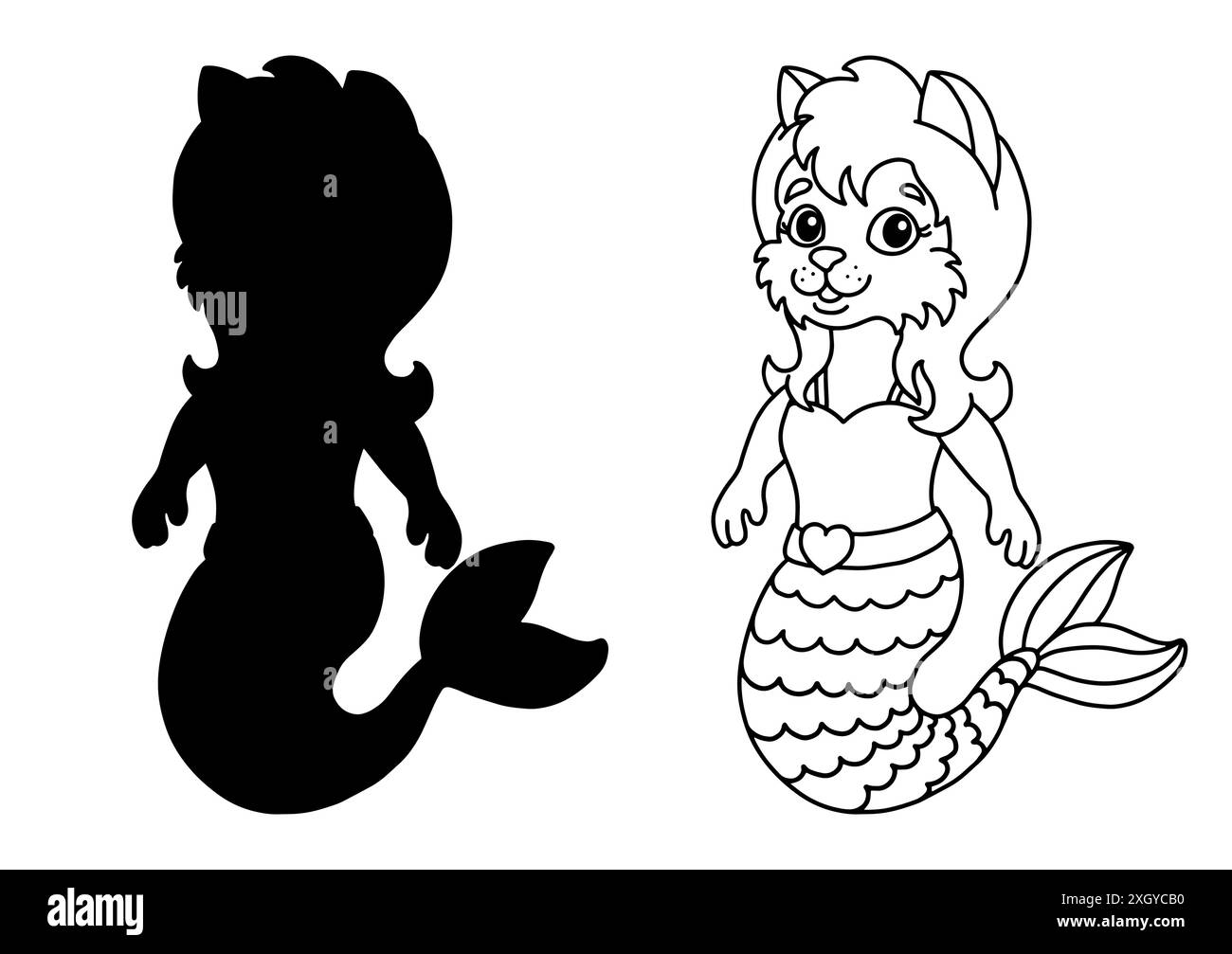 Mignon petit chat sirène. Page de livre de coloriage pour les enfants. Style dessin animé. Illustration vectorielle isolée sur fond blanc. Illustration de Vecteur