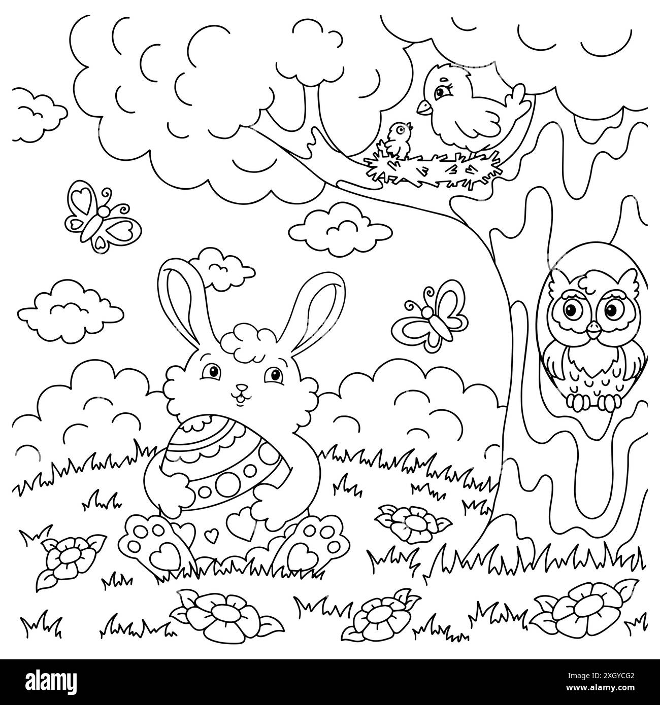 Lapin de Pâques avec oeuf. Page de livre de coloriage pour les enfants. Style dessin animé. Illustration vectorielle isolée sur fond blanc. Illustration de Vecteur