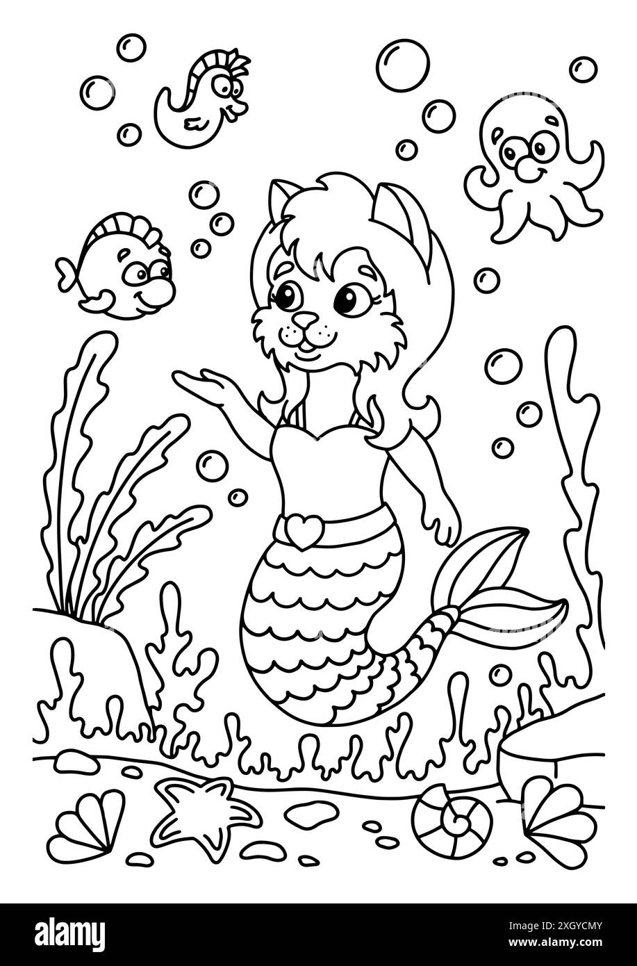 Joli chat de sirène dans le monde sous-marin.Page de livre de coloriage pour les enfants.Style de dessin animé.Illustration vectorielle isolée sur fond blanc. Illustration de Vecteur