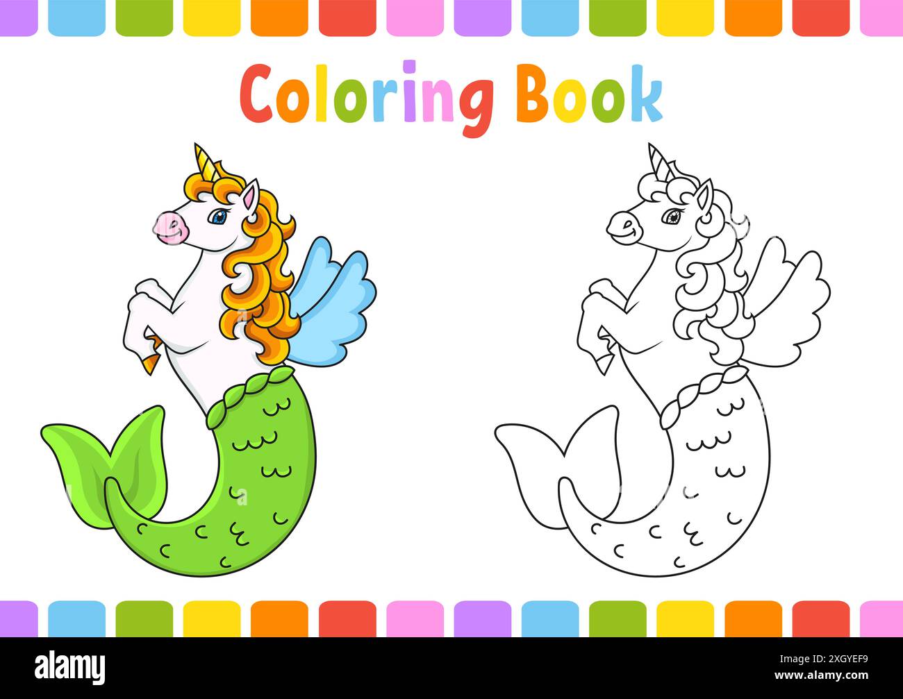 Livre de coloriage pour enfants.Adorable licorne sirène. Personnage de dessin animé.Illustration vectorielle.Page fantaisie pour les enfants.Contour noir.Isolé sur fond blanc Illustration de Vecteur
