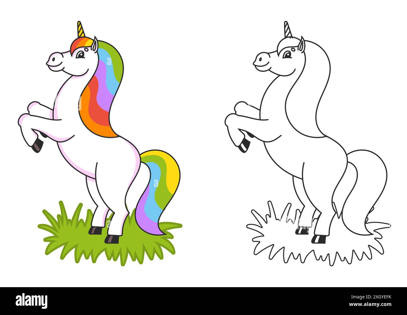 Livre de coloriage pour enfants. La licorne magique s'éleva. Le cheval animal se tient sur ses pattes arrière. Style dessin animé. Illustration vectorielle plate simple. Illustration de Vecteur