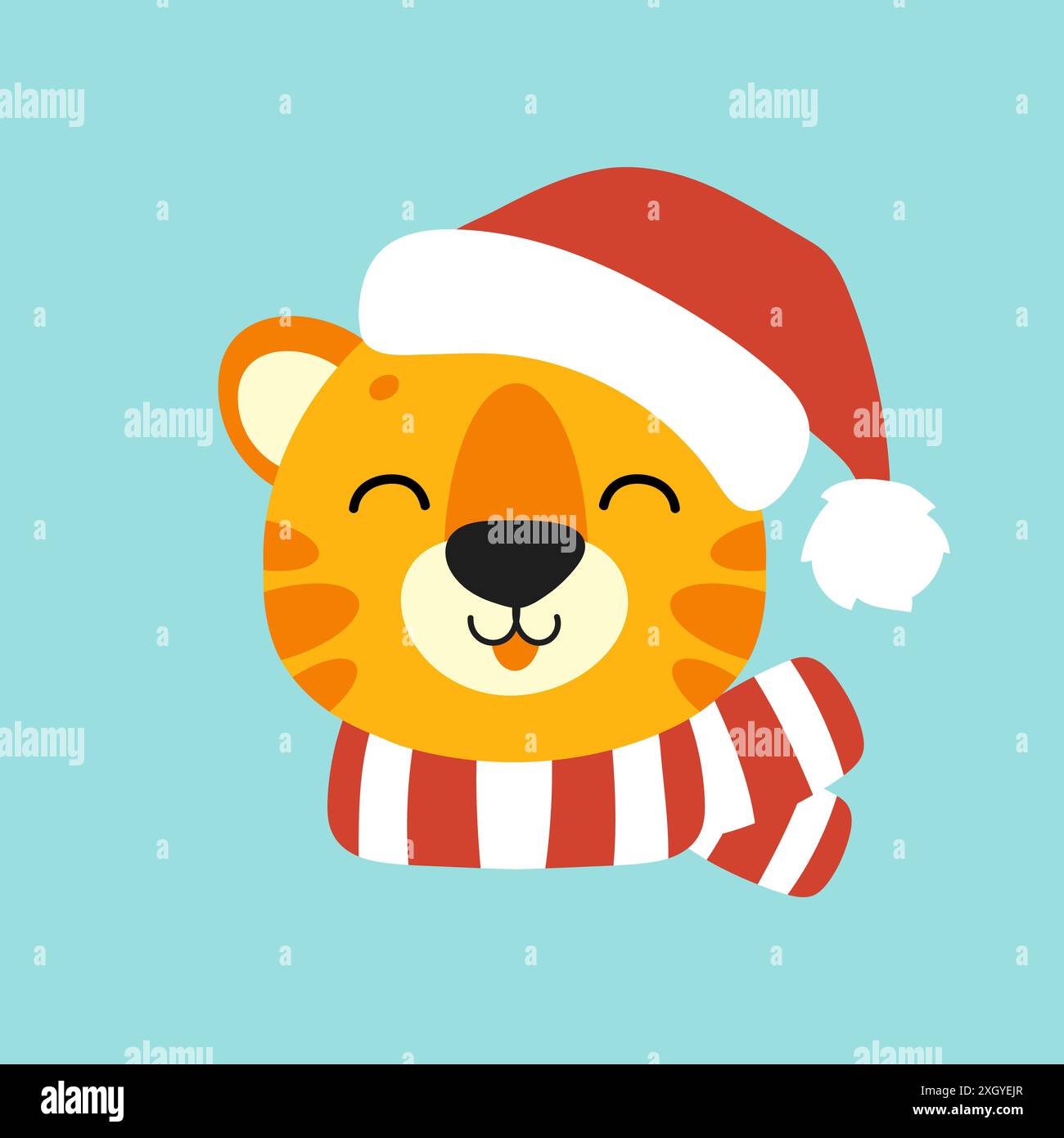 Tiger Simbol dans un chapeau de père noël.Personnage de dessin animé.Illustration vectorielle colorée.Isolé sur fond de couleur.Elément de conception.Modèle pour votre conception, Illustration de Vecteur