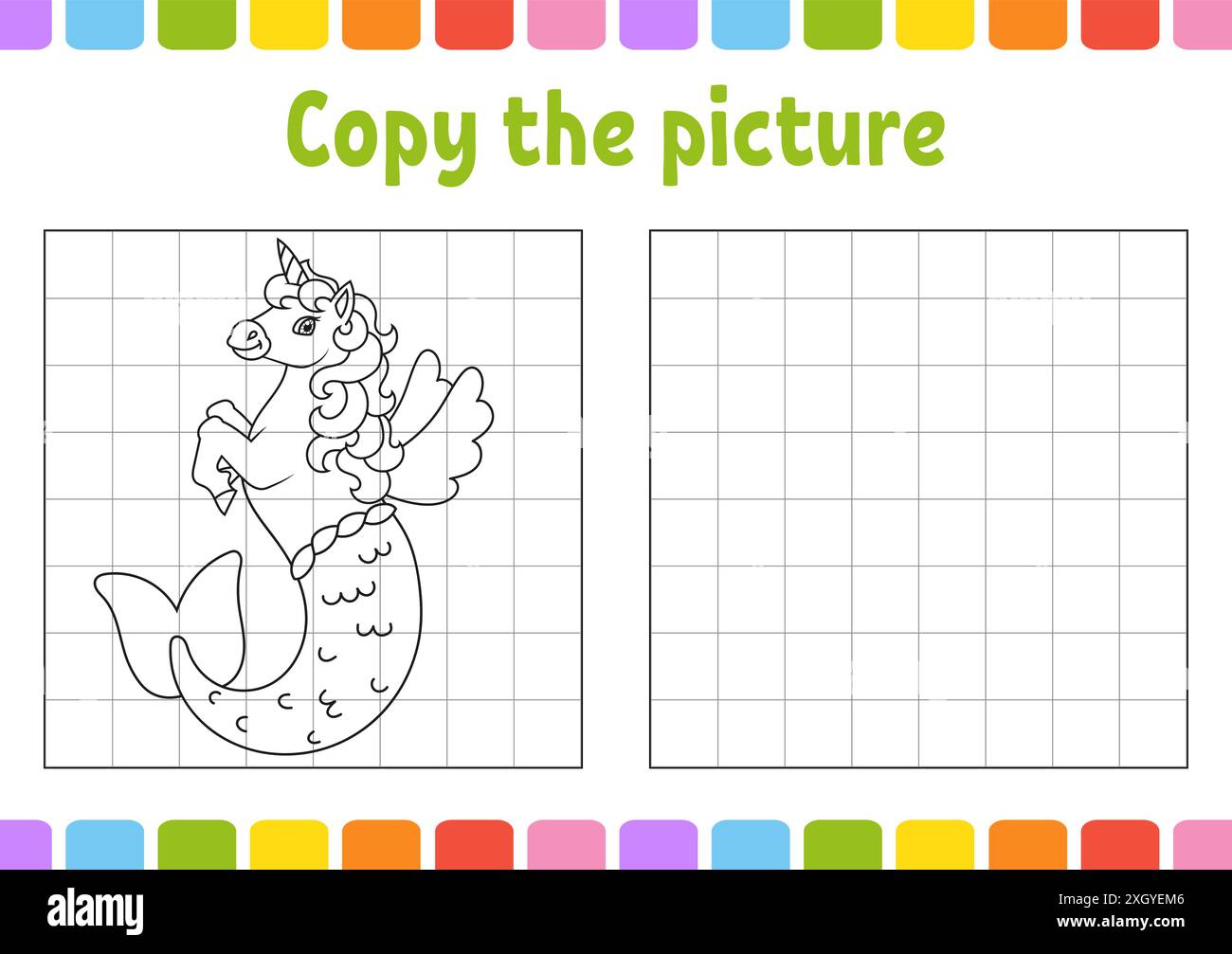 Copiez la photo. Licorne de sirène mignonne. Pages de livre de coloriage pour les enfants. Feuille de travail de développement de l'éducation. Jeu pour enfants. Pratique de l'écriture manuscrite. Drôle c Illustration de Vecteur