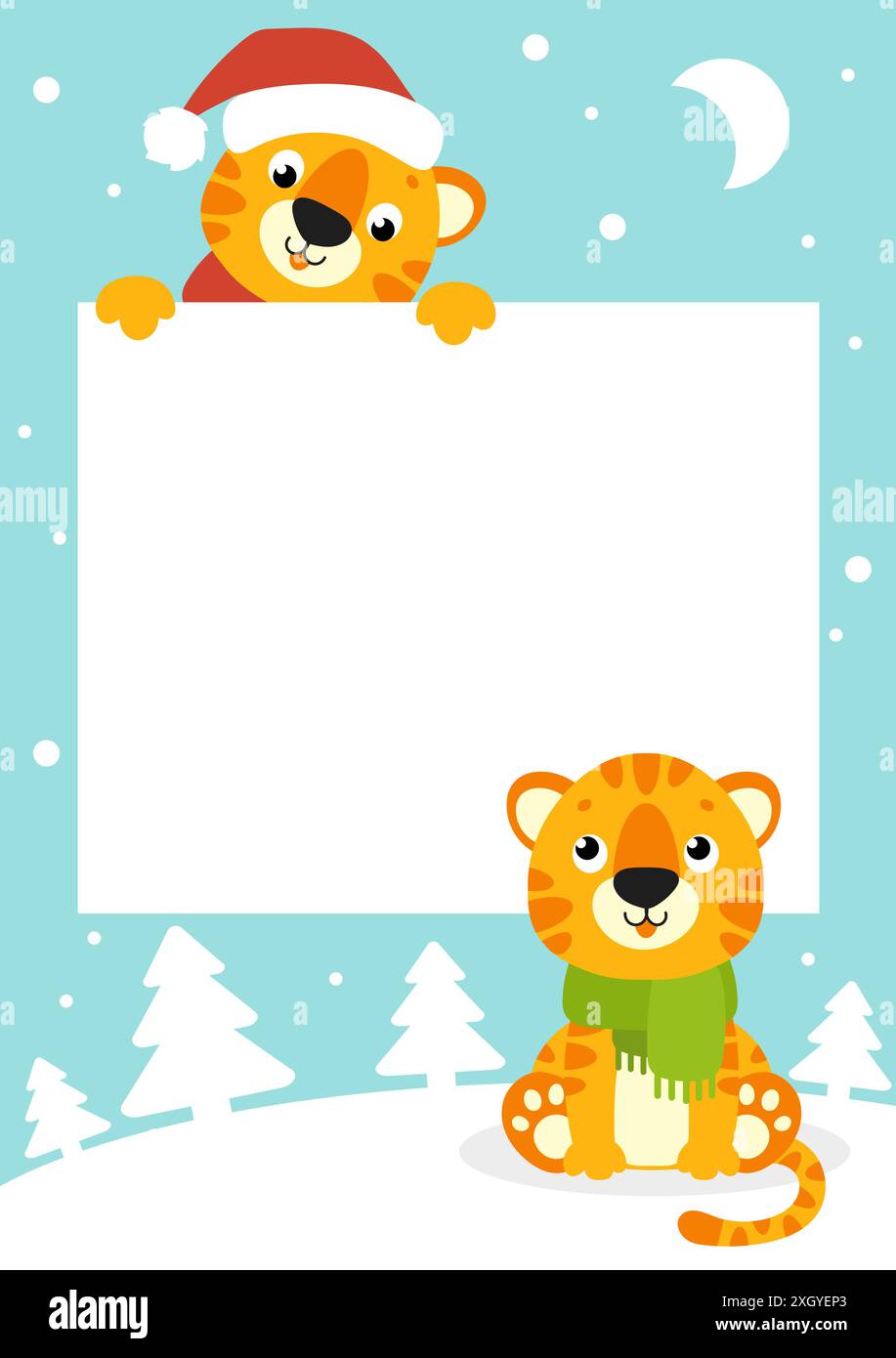 Carte de vœux couleur cadeau.Tiger Simbol dans un chapeau de père noël.Joli personnage de dessin animé.Bonne année et Joyeux Noël.Affiche blanche vierge à motif animal. Illustration de Vecteur