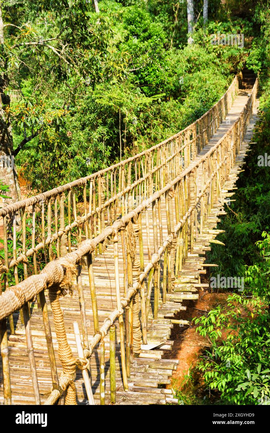 Beau pont suspendu simple au-dessus de la gorge. Passerelle étonnante faite de corde et de bambou. Pont suspendu pittoresque parmi les bois verts. Banque D'Images