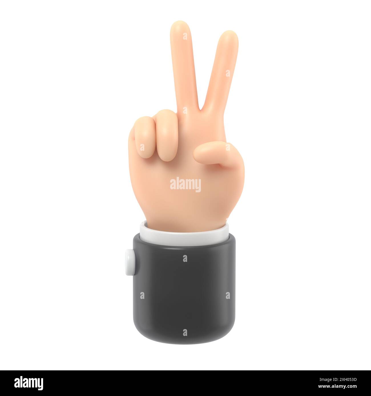 Maquette d'icône de geste de dessin animé. Icône sociale à deux doigts. Geste de victoire de la main de personnage de dessin animé. Rendu 3D sur fond blanc. Banque D'Images