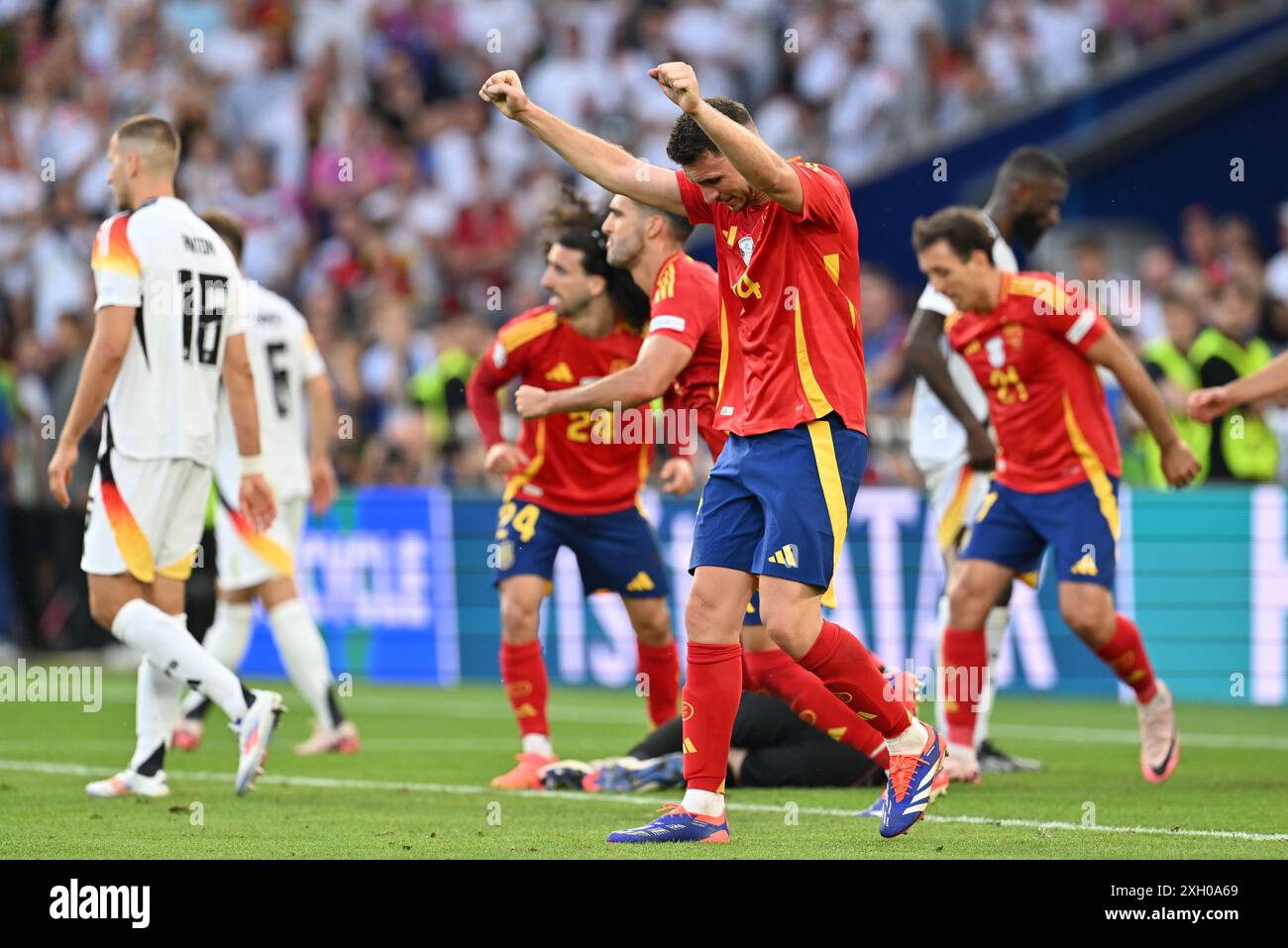 Aymeric Laporte (14 ans), de l'Espagne, célèbre lors d'un match de football entre les équipes nationales d'Espagne et d'Allemagne dans la phase quart de finale du tournoi UEFA Euro 2024 , le jeudi 5 juillet 2024 à Stuttgart , Allemagne . PHOTO SPORTPIX | David Catry Banque D'Images