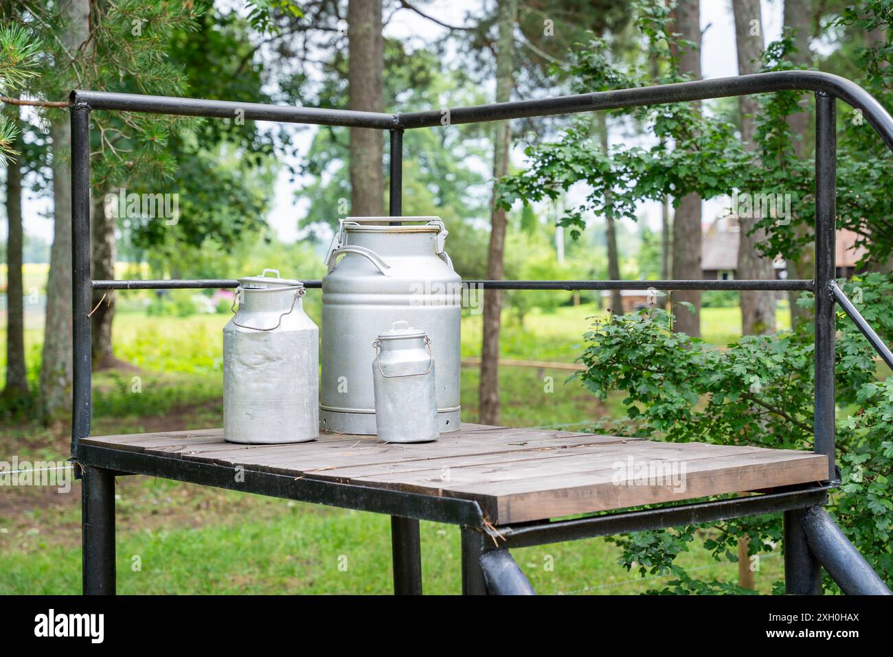 Barbes de lait assis sur une plate-forme en bois au bord d'une route de campagne. Support traditionnel pour baratte de lait entretenu à des fins décoratives. Banque D'Images