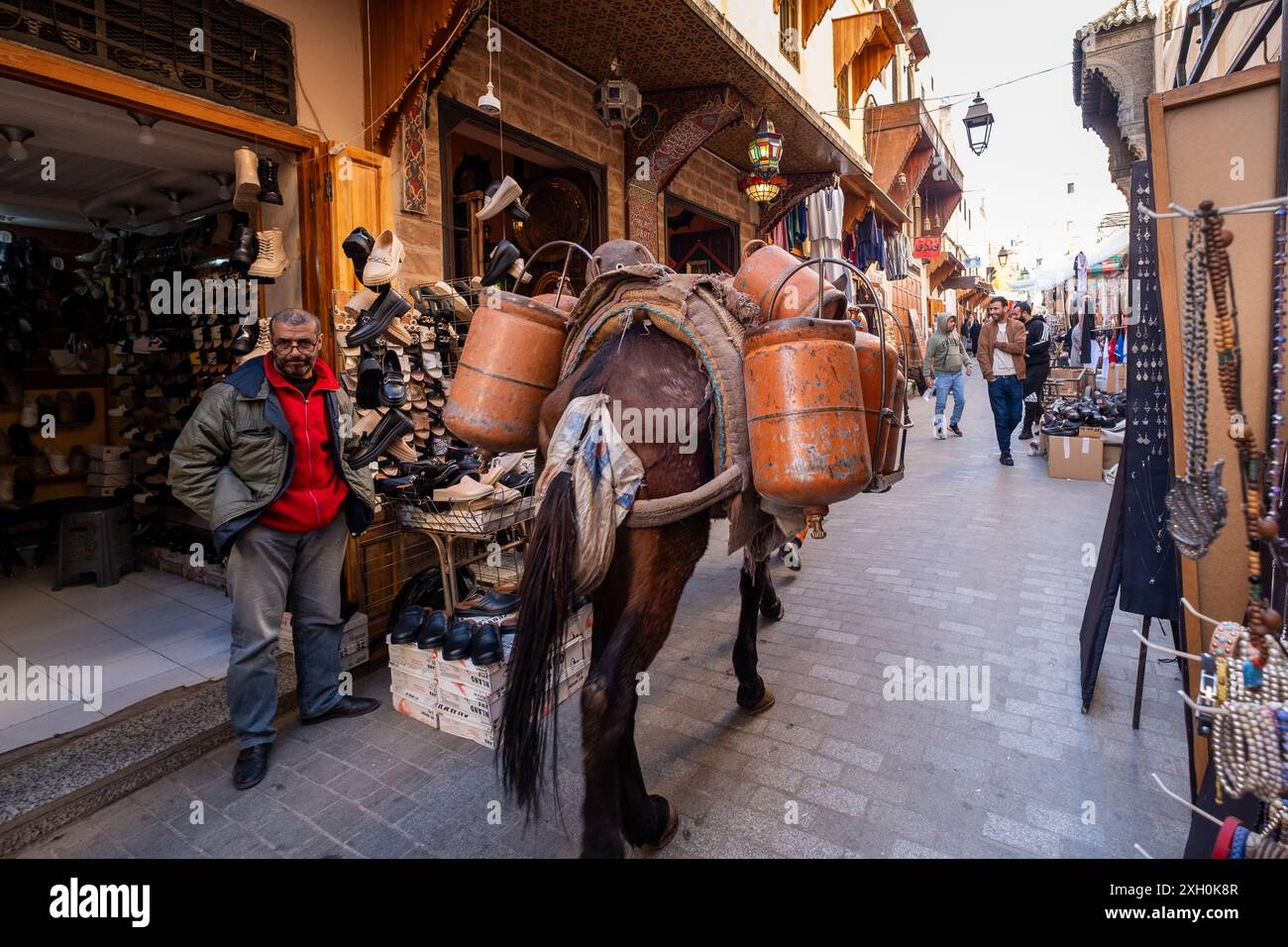 Scène douanière au marché de la médina de Fès au Maroc. Un homme laisse passer un âne chargé de bouteilles de gaz butane pour être vendu dans les maisons et les busines Banque D'Images