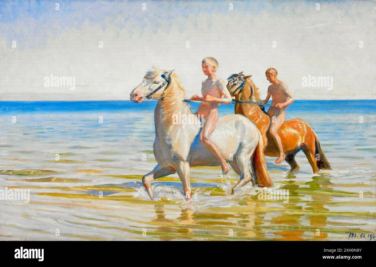 Michael Ancher - garçons monter à cheval à l'eau - Skagen 1900. Banque D'Images