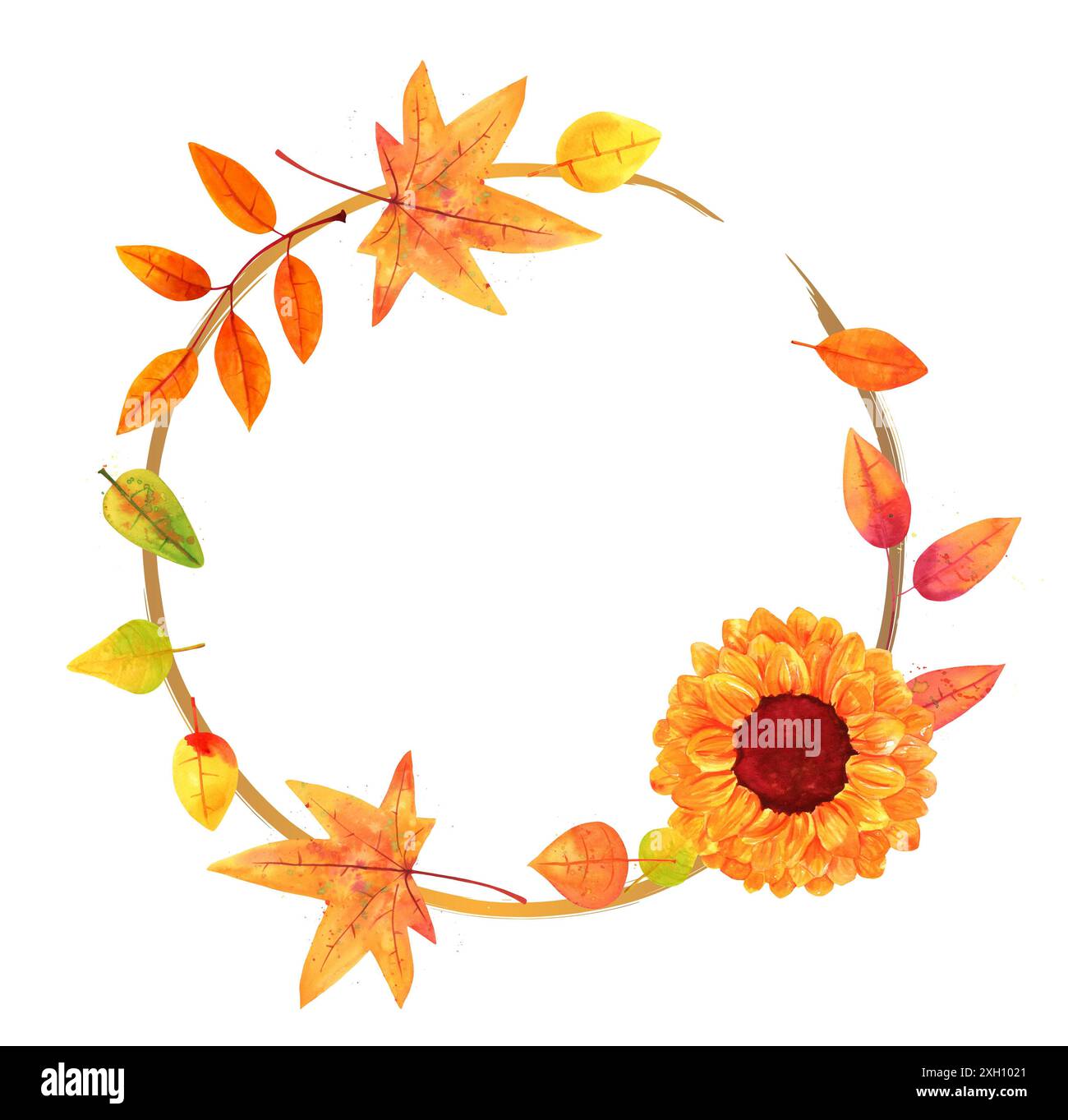 Couronne d'automne aquarelle sur fond blanc, avec des feuilles d'automne et un tournesol, avec une place pour le texte, un modèle de conception pour une carte de voeux ou Banque D'Images
