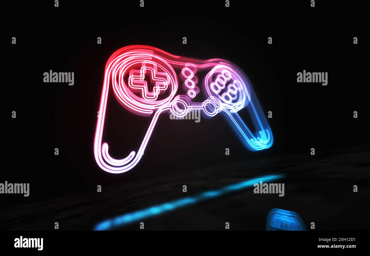 Tablette de jeu et manette de jeu jouant au symbole de jeu vidéo abstrait numérique concept holographique. Cybertechnologie et fond informatique objet 3D. Banque D'Images
