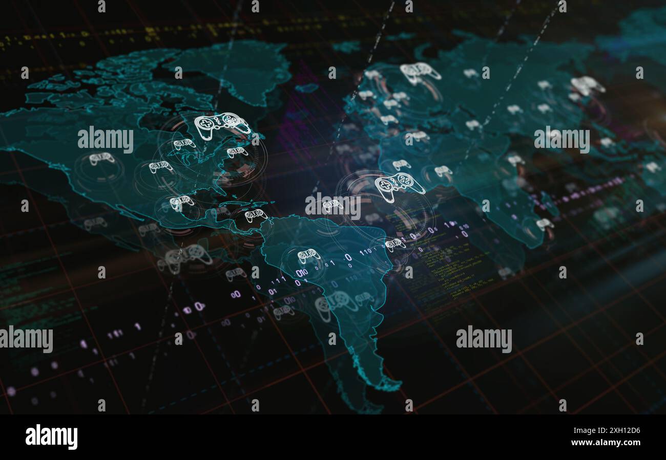 La tablette de jeu et le joystick jouent des symboles de jeu vidéo sur la carte du monde. Illustration 3d du concept technologique. Banque D'Images