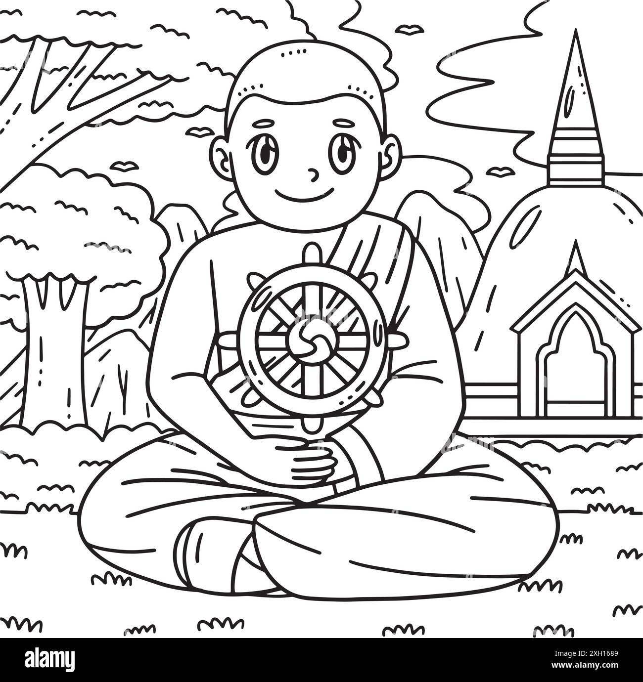 Bouddhisme Moine bouddhiste et Dharmachakra Coloriage Illustration de Vecteur