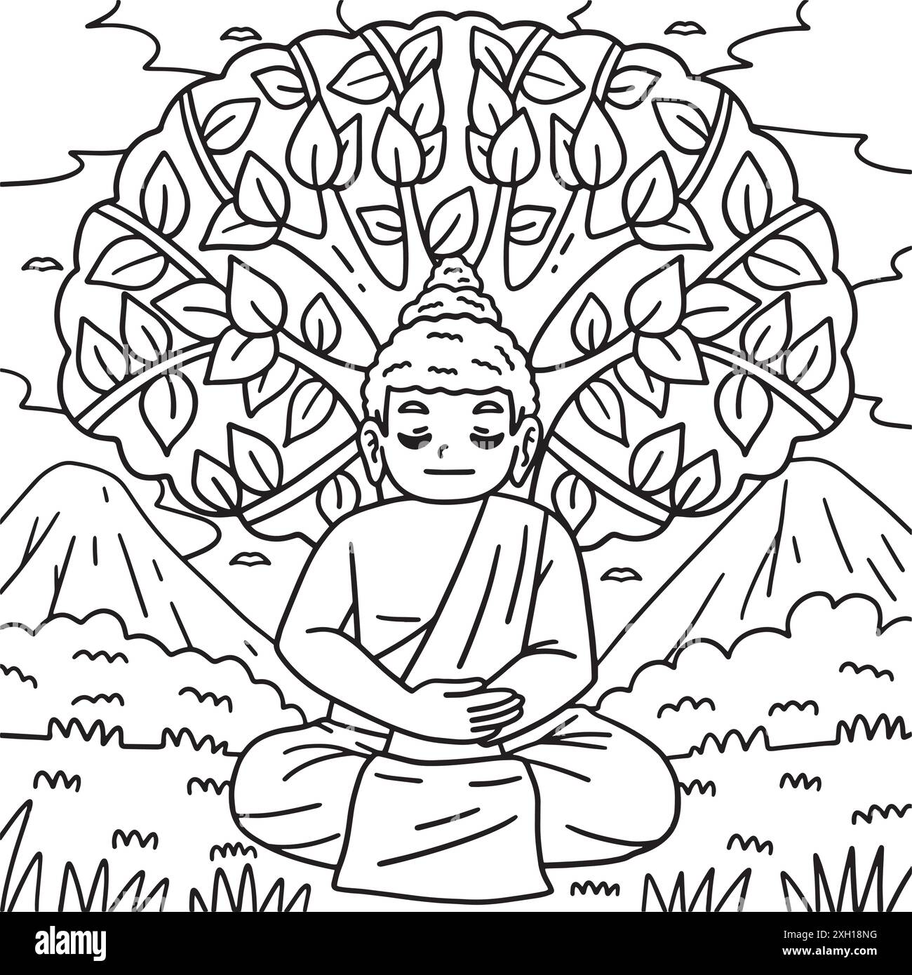 Bouddhisme Bouddha sous Bodhi Tree Coloring page Illustration de Vecteur