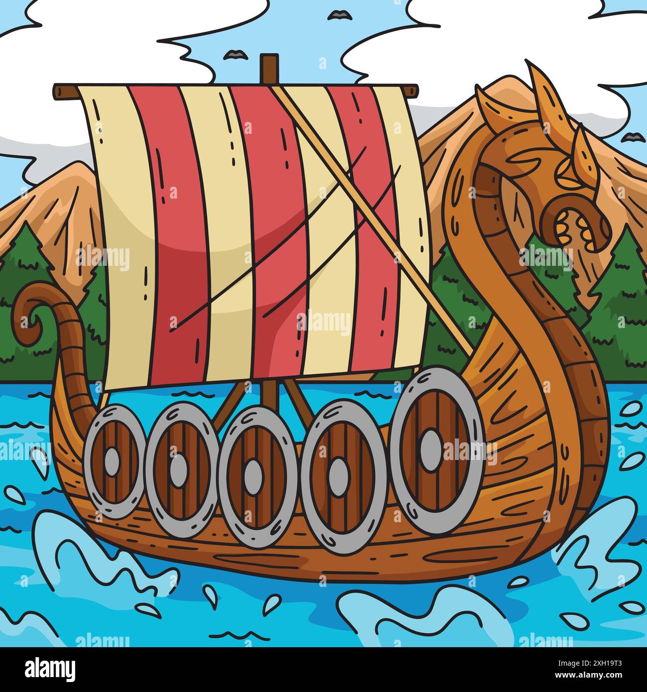 Illustration de dessins animés colorés de Viking Ship Illustration de Vecteur