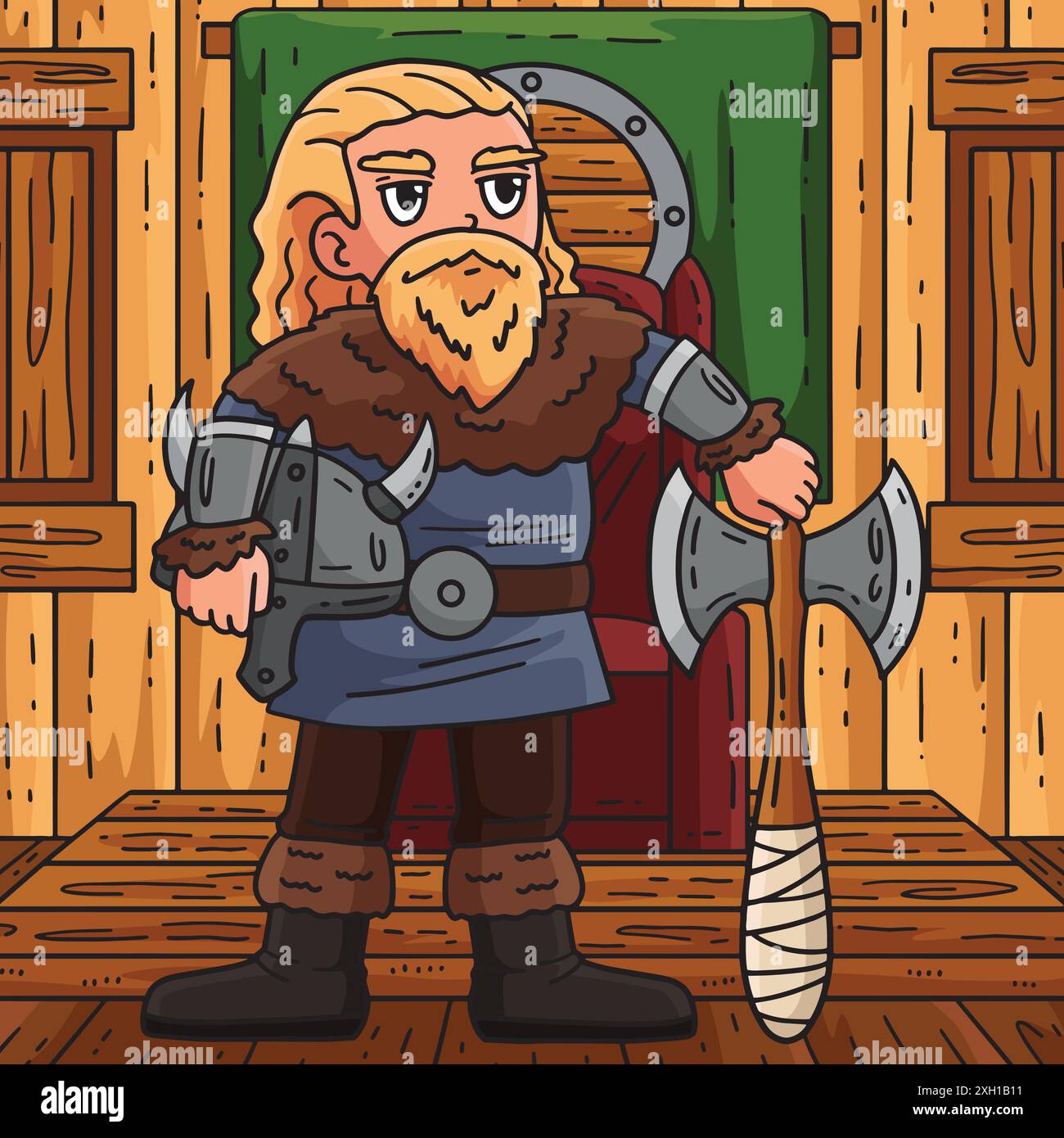 Viking tenant une hache et casque coloré Cartoon Illustration de Vecteur