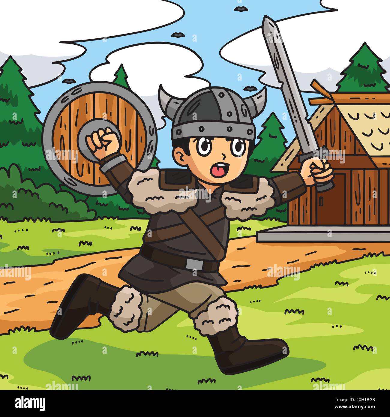 Viking Warrior Charging Colored Cartoon I. Illustration de Vecteur